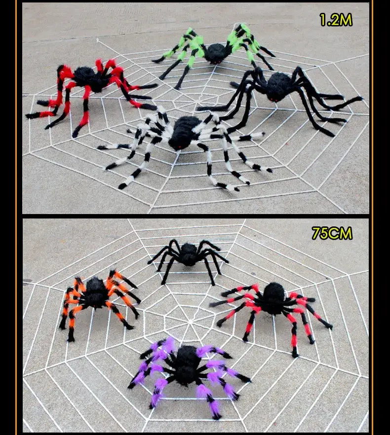 fausses araignées en peluche noires avec des accents de pattes rouges, verts, blancs, orange et violets, présentées sur une toile d’araignée blanche pour une décoration d’Halloween
