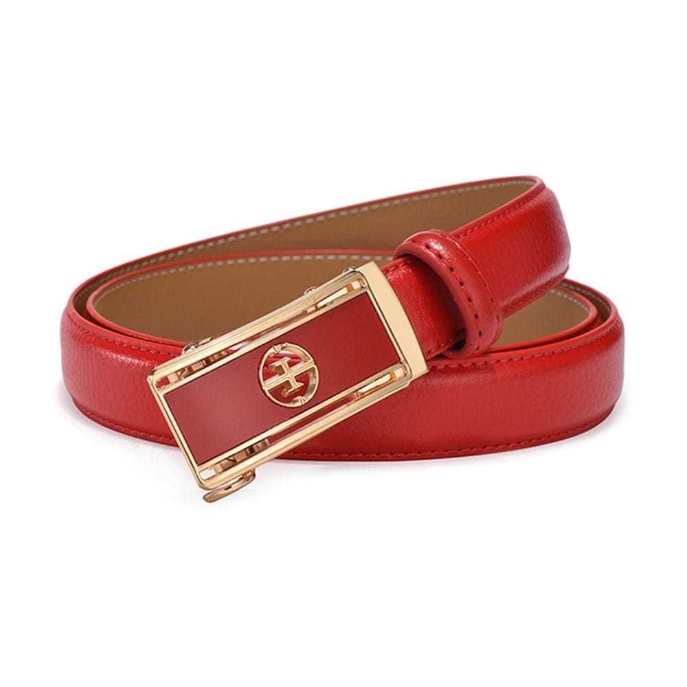Ceinture à boucle automatique en cuir rouge véritable pour femmes, avec boucle plaquée or présentant le logo Tory Burch.