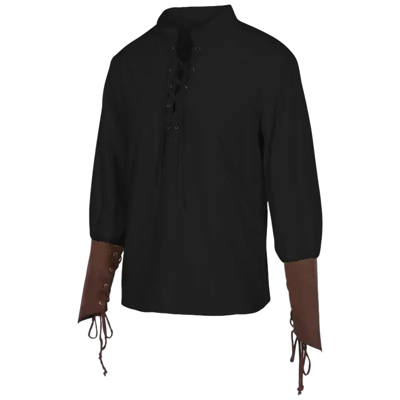 Black long-sleeved pirate camisa with brown leather cuffs and front and wrist lace-up detailing for men