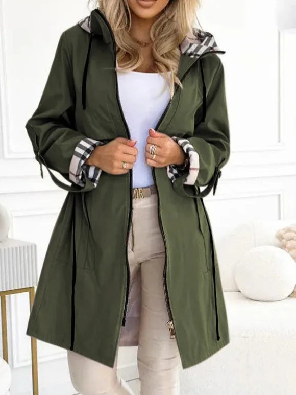 Fashion Trench Coat Woman Autumn Winter Solid Color Versatile Casual Street Style Cardigan Long-sleeved Hooded Plaid Outerwears