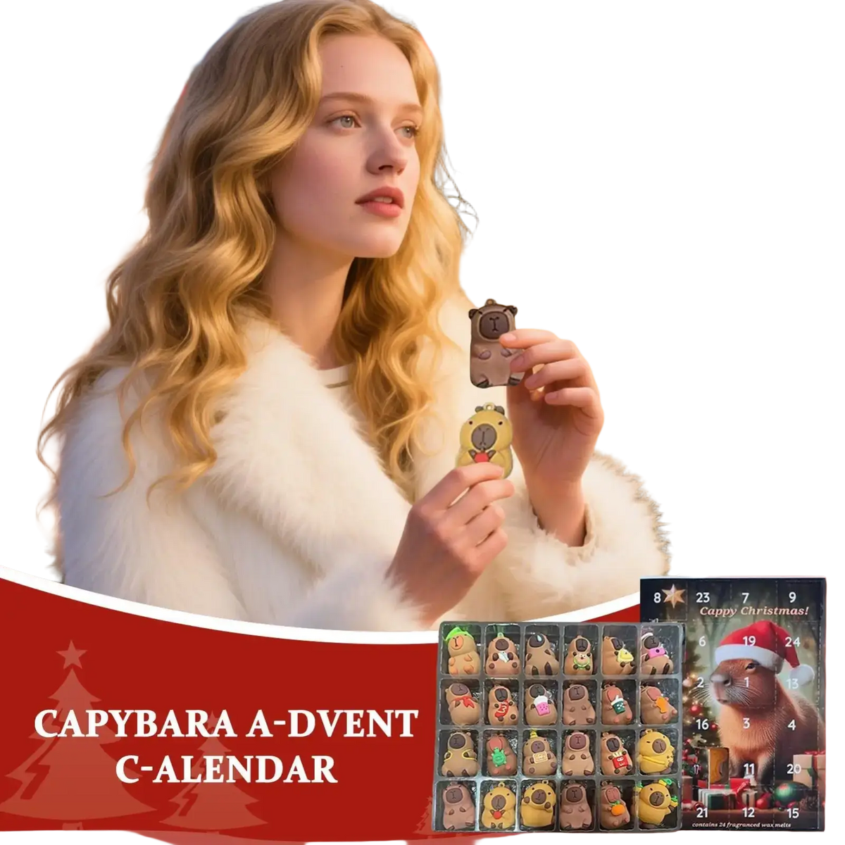 Front view of a cute capybara countdown calendar with 24 colorful festive chocolate treats in animal-shaped compartments