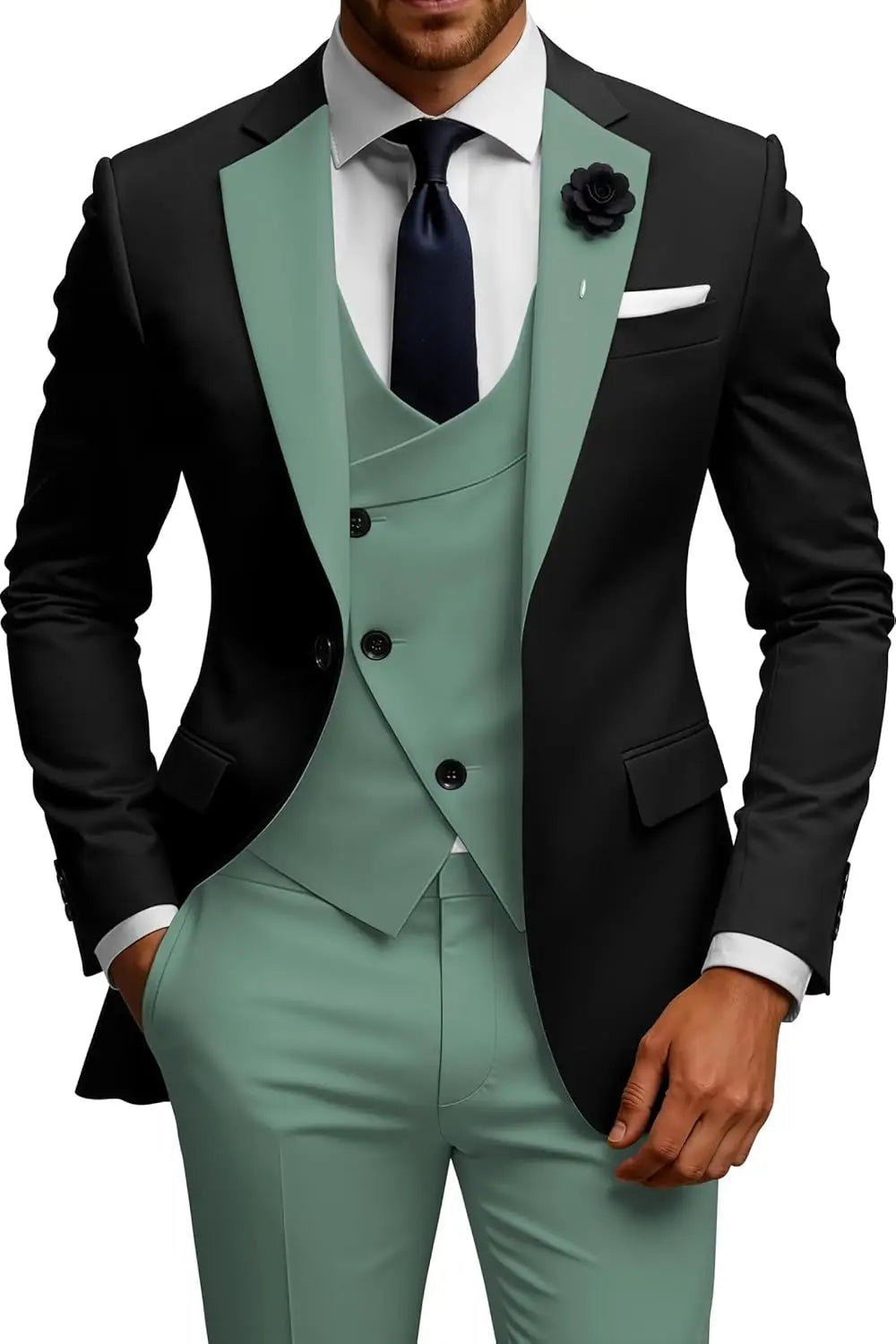 Mens Suits 3 Piece Slim Fit Double Breasted Suit Wedding Prom Tuxedo Suit Set