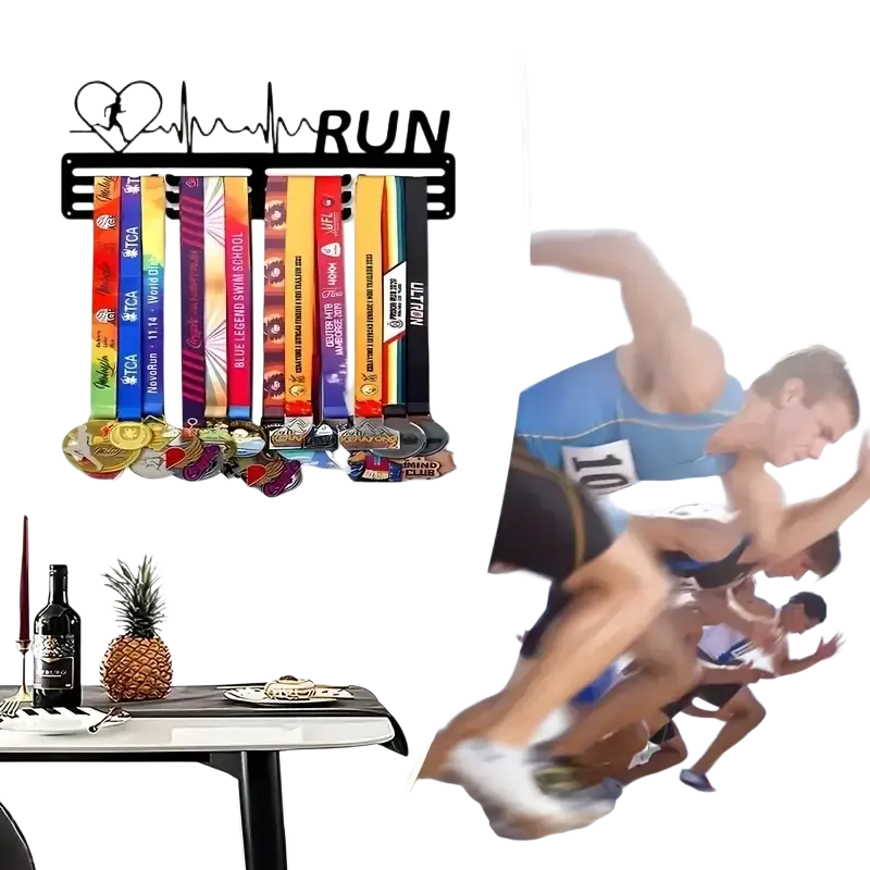 Black metal medal hanging rack with heart and heartbeat design above run holding colorful marathon ribbons and medals