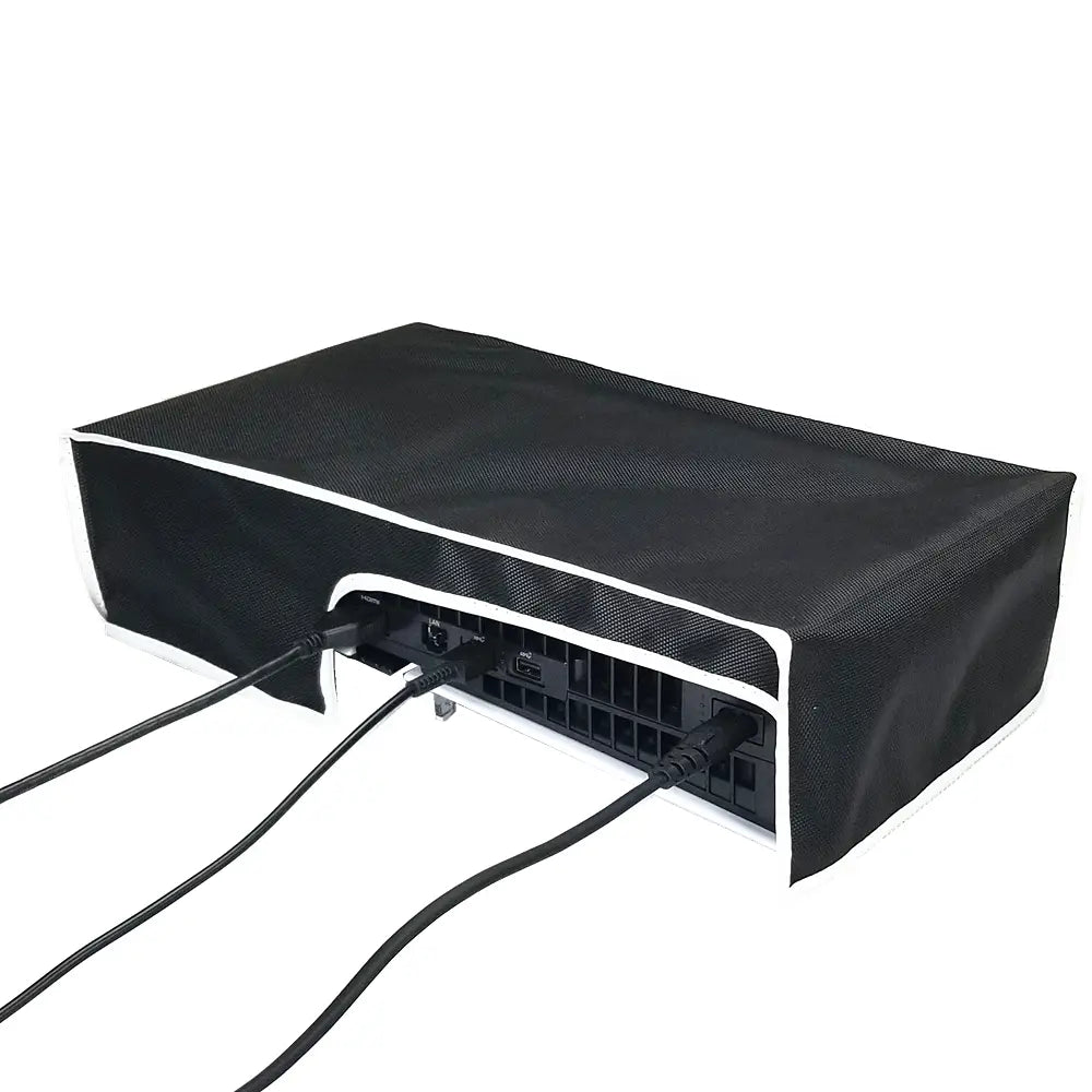 Black mesh protective cover with white trim made of oxford cloth designed to fit over the ps5 pro console horizontal dust cover for dust protection