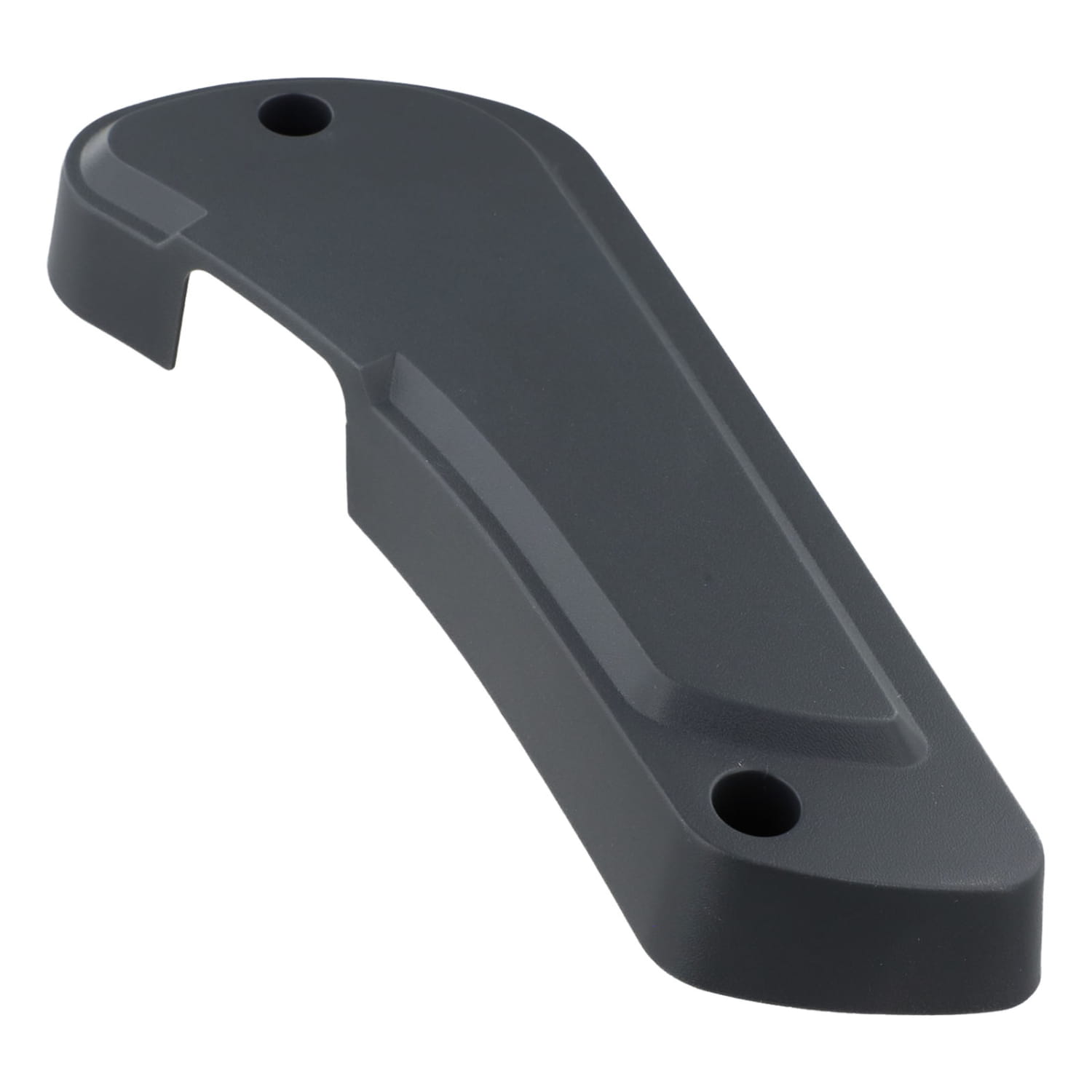 Dark gray plastic handle with a curved ergonomic design and two circular mounting holes for the Fiat Ducato driver seat panel 60911360.