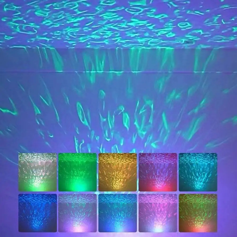 Un projecteur lumineux d’ambiance de ciel étoilé sous-marin, projetant des motifs tourbillonnants dynamiques turquoise et pourpre sur le plafond, conçu comme une veilleuse pour la décoration intérieure d’ambiance