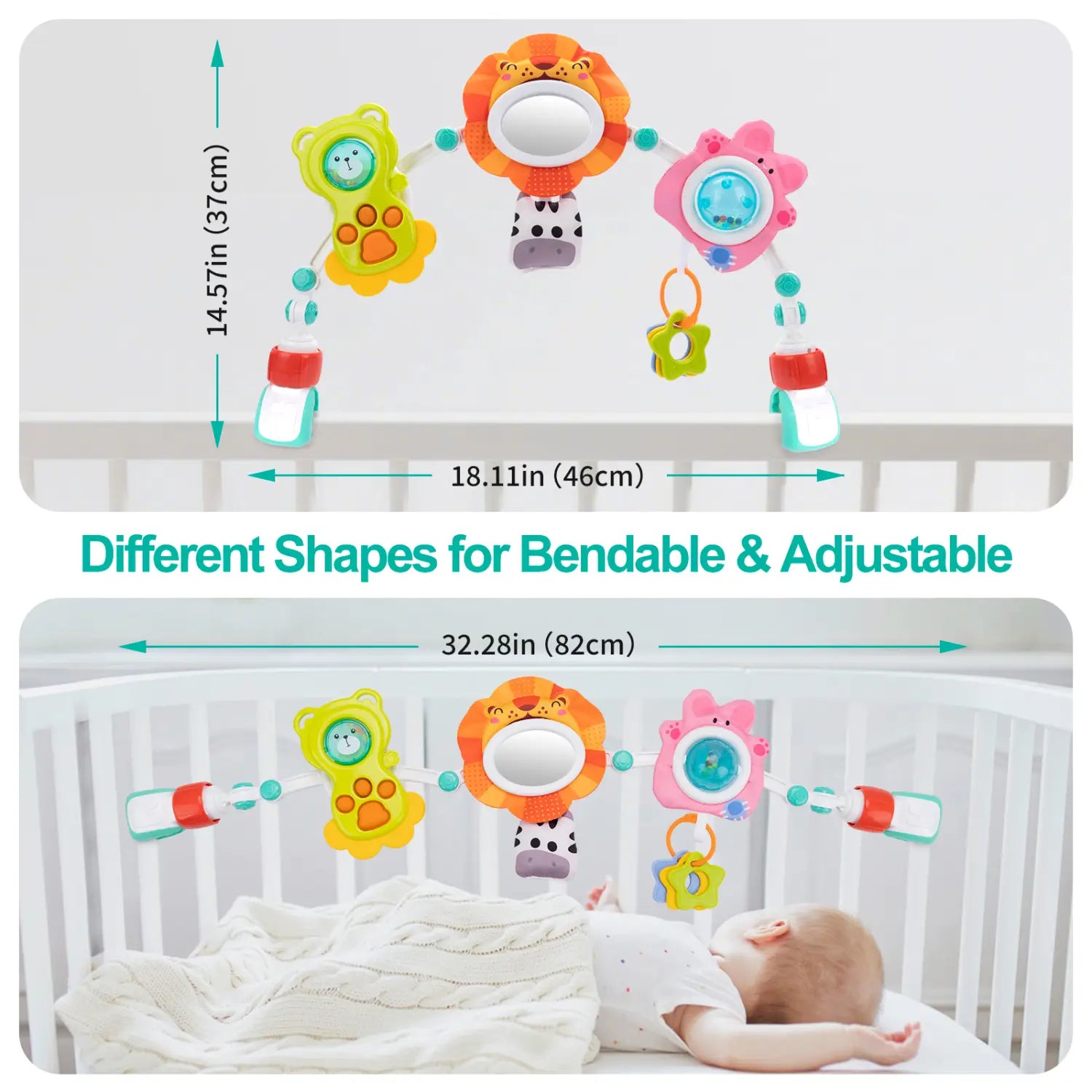 buntes Kunststoff-Fahrwagenbogen-Spielzeug für sensorische Aktivitäten für Babys mit in Form von Tieren gestalteten Spielzeugen, die an einem flexiblen, verstellbaren Bogen hängen.