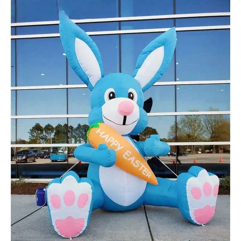 Easter Blue Bunny Holding Carrot, Iatable Cartoon Rabbit With Blower For Holiday Event Doorway, Party Decoration