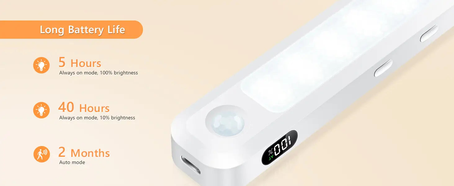 white plastic rechargeable motion sensor led light bar with digital display showing 0:01 and usb charging port visible from the front.