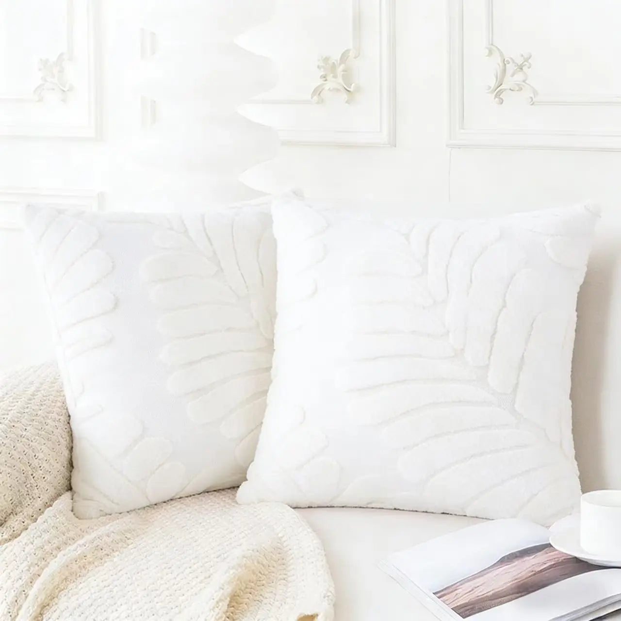 white plush throw pillow covers featuring raised leaf embroidery for decorative home use