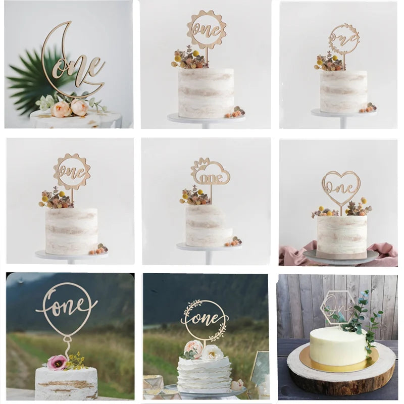 One Year Old Happy Birthday Cake Topper Flower Plant Wooden Baby Cake Topper For Kids Birthday Party Cake Decoration Baby Shower