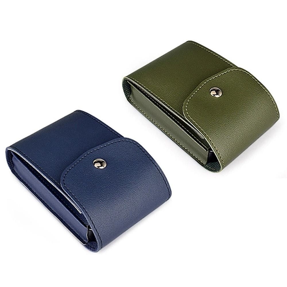 Navy blue and olive green pu leather digital storage bags with silver-toned snap closures designed as portable cable organizers.