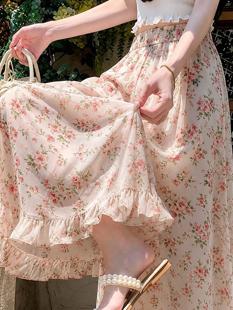 Chic Floral Sweet Wide Leg Pant Women Loose Fashion Elegant Cute Ruffles Trousers Summer High Waist Oversize Female Ins Pants