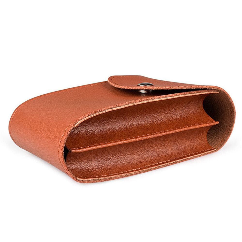 brown pu leather digital storage bag with flap closure and visible stitching designed as a portable cable organizer