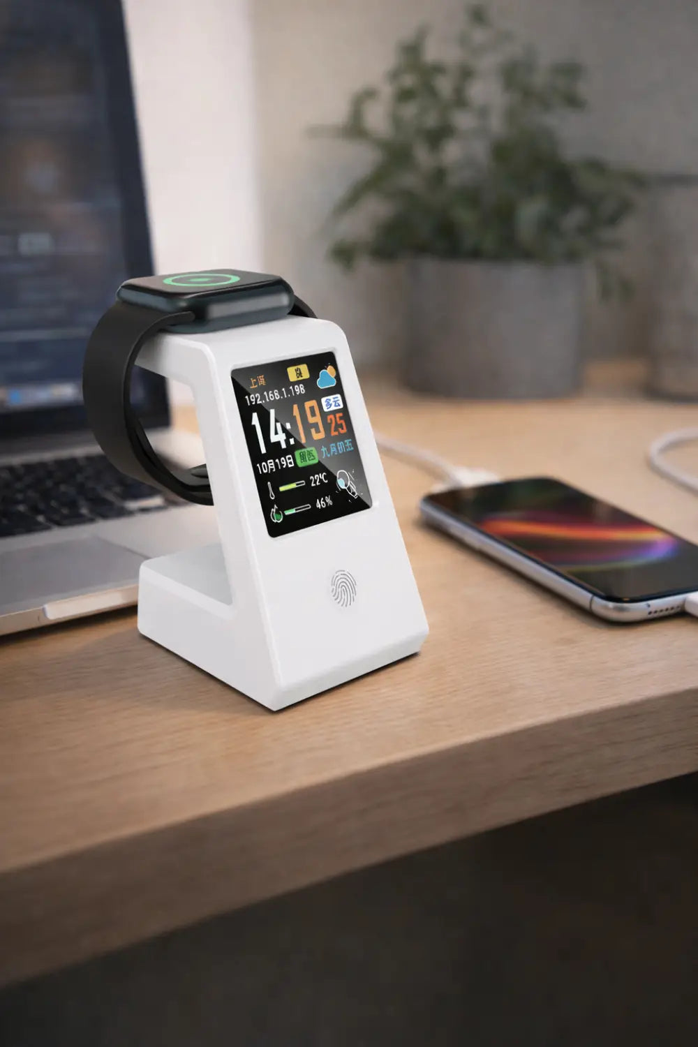 white smartwatch charging stand with a digital display showing time weather and other data wifi weather clock wireless charger desk stand