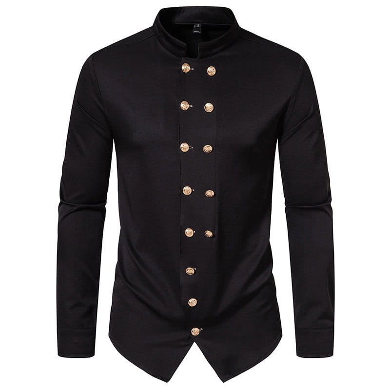 camisa formal negra para hombre, cruzada doble, con botones de tono dorado y cuello mandarín, en estilo gótico con cuello alzado
