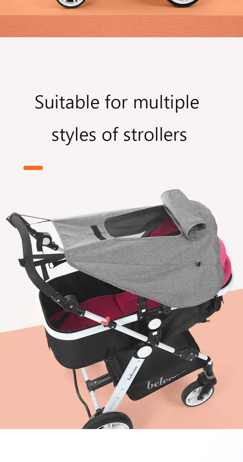 Schwarzer und weißer Kinderwagen mit grauem UV-Schutz-Sonnendach und rotem Innenbereich, von der Rückseite dargestellt, mit universellem Sonnendach-Design für Babys