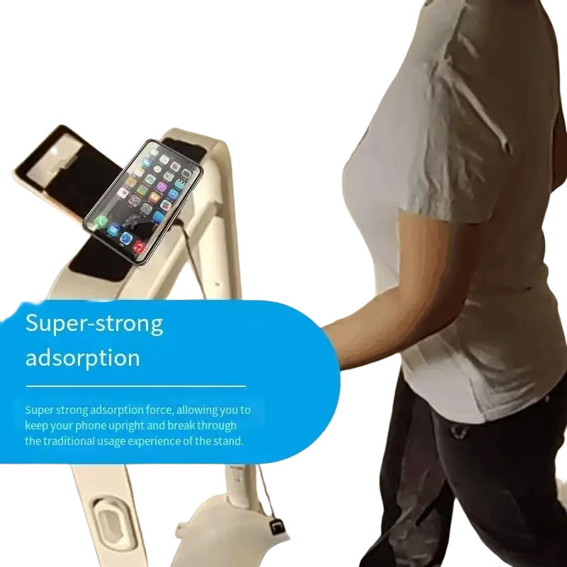 White metal magnetic phone stand with dual-sided metal plates holding iphone upright for gym and vehicle use