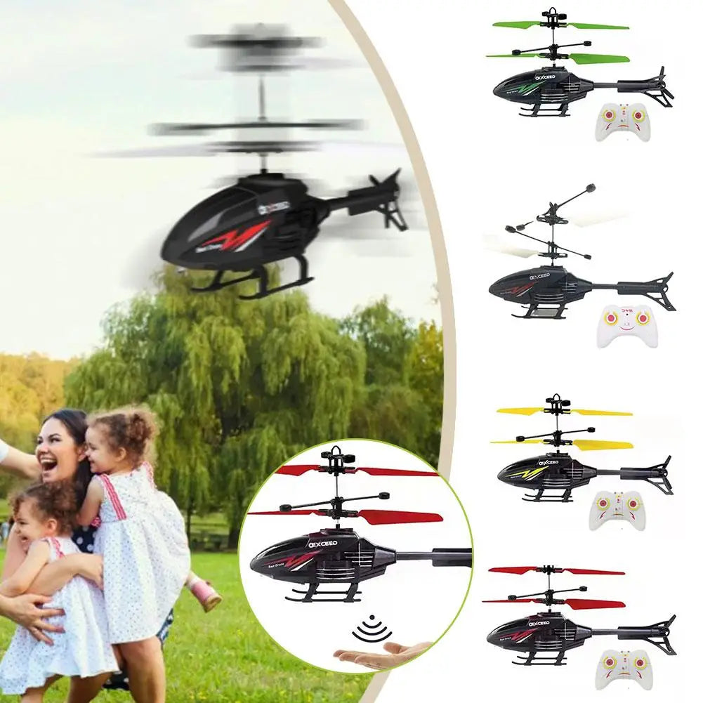 Black remote control induction suspension helicopter toy with red accents and multicolored rotor blades for indoor flying.