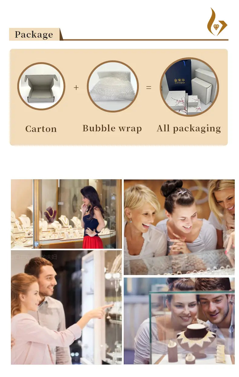 L’image montre un coffret en carton beige utilisé comme emballage pour un ensemble de bijoux géométriques en zircon doré.
