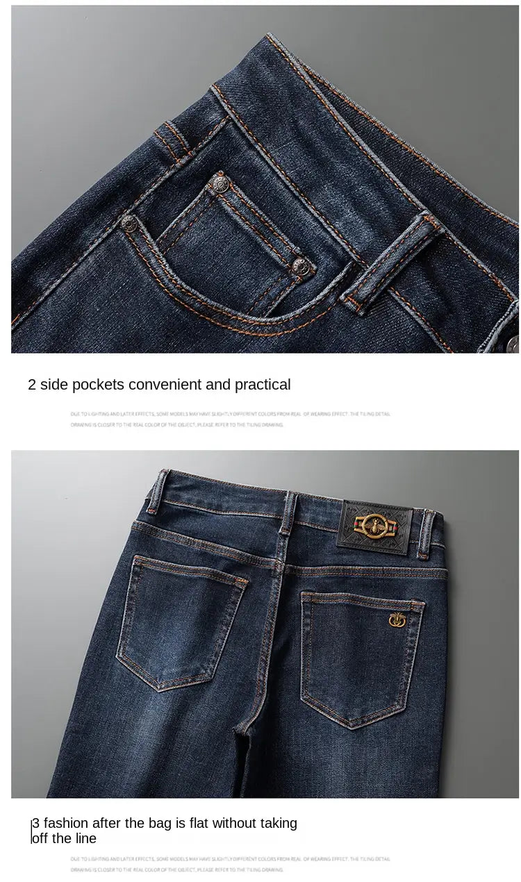 Slim fit dark blue denim jeans for men featuring a classic five-pocket design and gold-tone metal hardware.