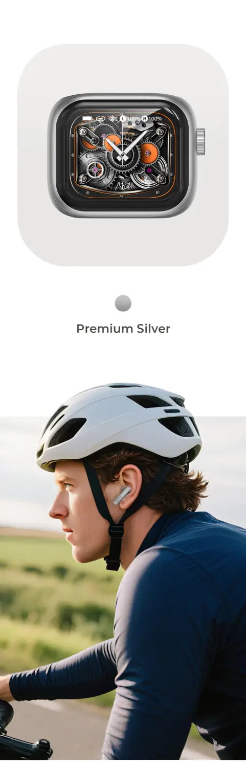 Montre Apple argentée haut de gamme dotée d’un cadran mécanique complexe au style d’engrenages, présentée aux côtés d’écouteurs sans fil HTC NE40 avec un étui de charge intelligent