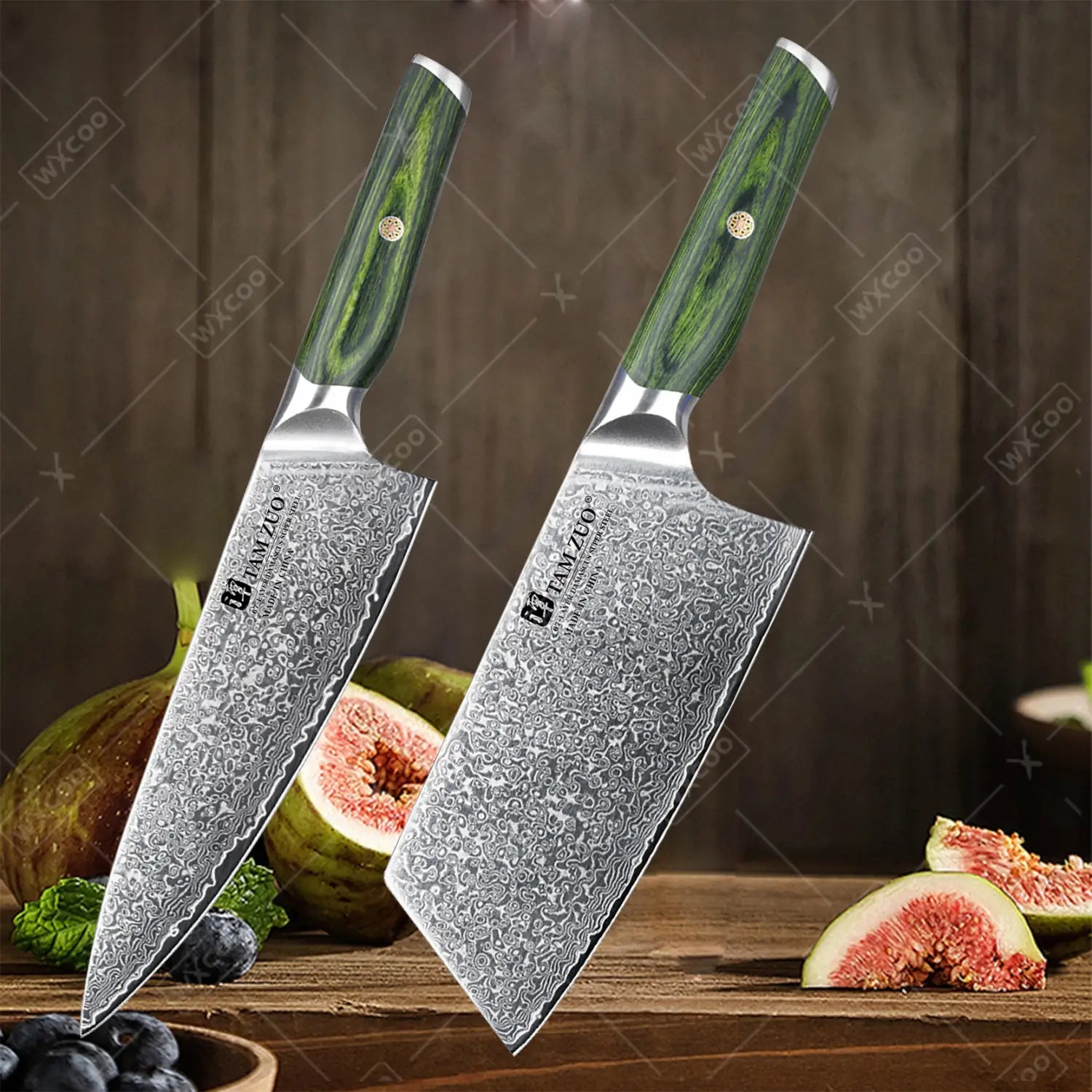 Pair of damascus steel chef knives with green wood handles from the damascus steel chef knife set green handle.