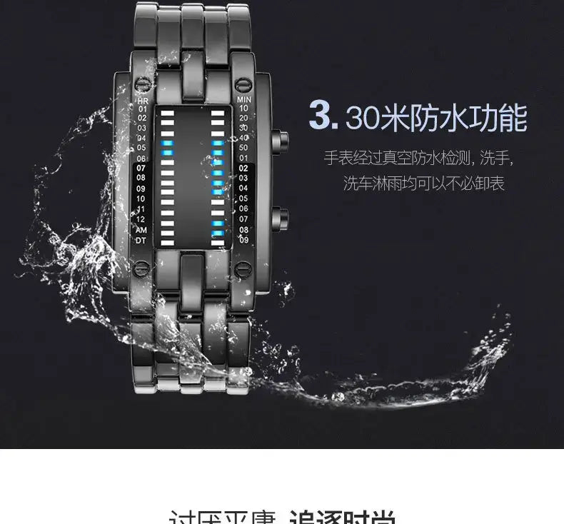 Black digital binary led stainless steel waterproof men watch with sleek metallic band and glowing blue electronic segmented time display.