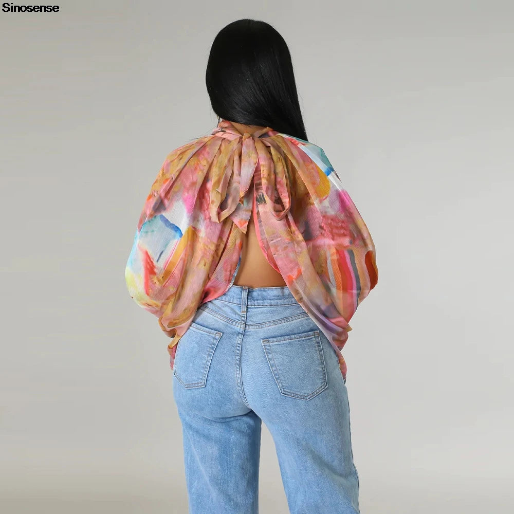Women Chiffon Blouses Sexy Sheer See Through Front Back Open High Neck Self Tie Shawl Casual Shirts Y2K Night Club Party Tops
