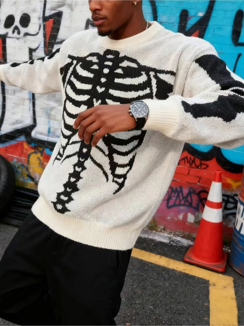 Men Crew Neck Knitted Sweater, Vintage Skeleton Ribcage Jacquard Loose Long Sleeve Gothic Streetwear Pullover Jumper