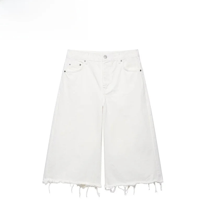 Casual Fashionable Frayed Hem Denim Shorts Women's High Waist Slim Fit Polyester Fiber Spring Season Ladies Premium Quality