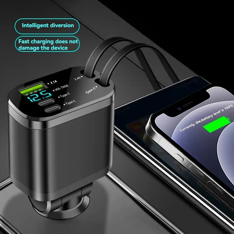 Black metallic 5-in-1 fast retractable car charger with digital display and multiple type-c ports shown from the back side.