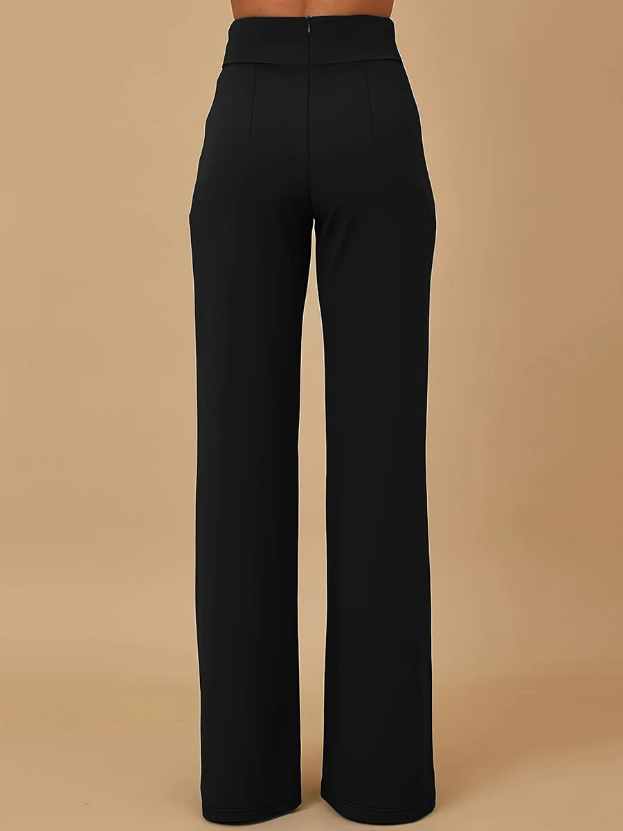 Wide Leg High-Waisted Trousers for Women, Elegant Black Office Pants with Gold Buckle, Professional Business Formal Trousers