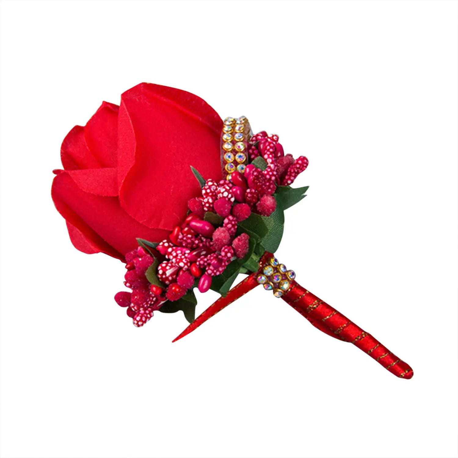 A vibrant red artificial silk rose boutonniere with sparkling pink berries and gold rhinestone accents on a satin ribbon stem for blue wedding corsage use.