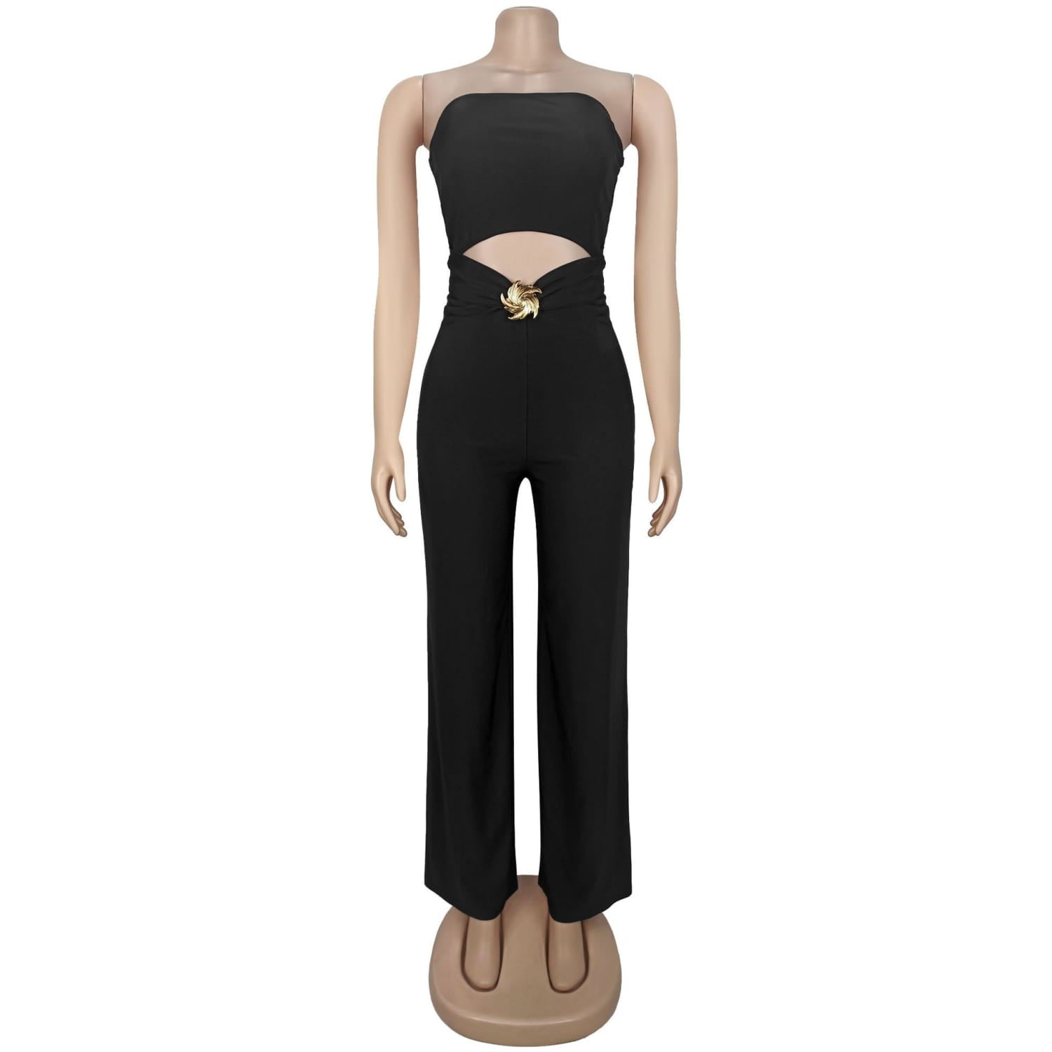 Schwarzer ärmelloser Satin-Jumpsuit mit weitem Bein und hohem Beinschlitz, mit Taillenausschnitt und goldfarben wirkender dekorativer Schnalle.
