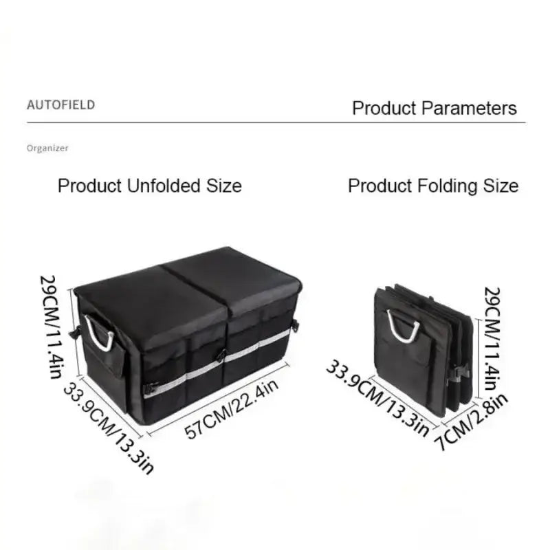 Organisateur de coffre de voiture pliable en tissu noir, avec couvercle, doté d’accentuations de fermeture éclair argentées et de poignées pour un rangement et un transport pratiques.