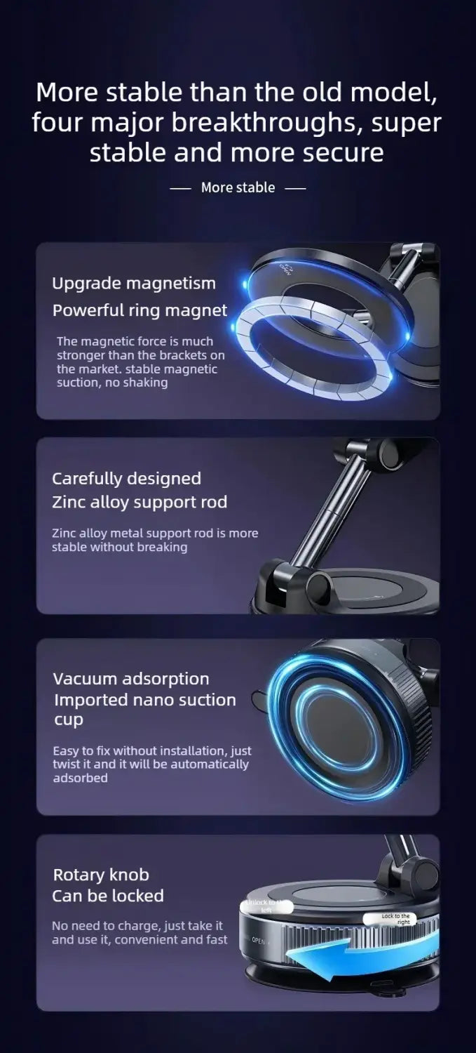 Ein blau beleuchteter kreisförmiger Magnetring mit magnetischer Anziehung, mit modernem, schlankem Design für einen magnetischen Kfz-Handyhalter zur Montage auf dem Armaturenbrett.
