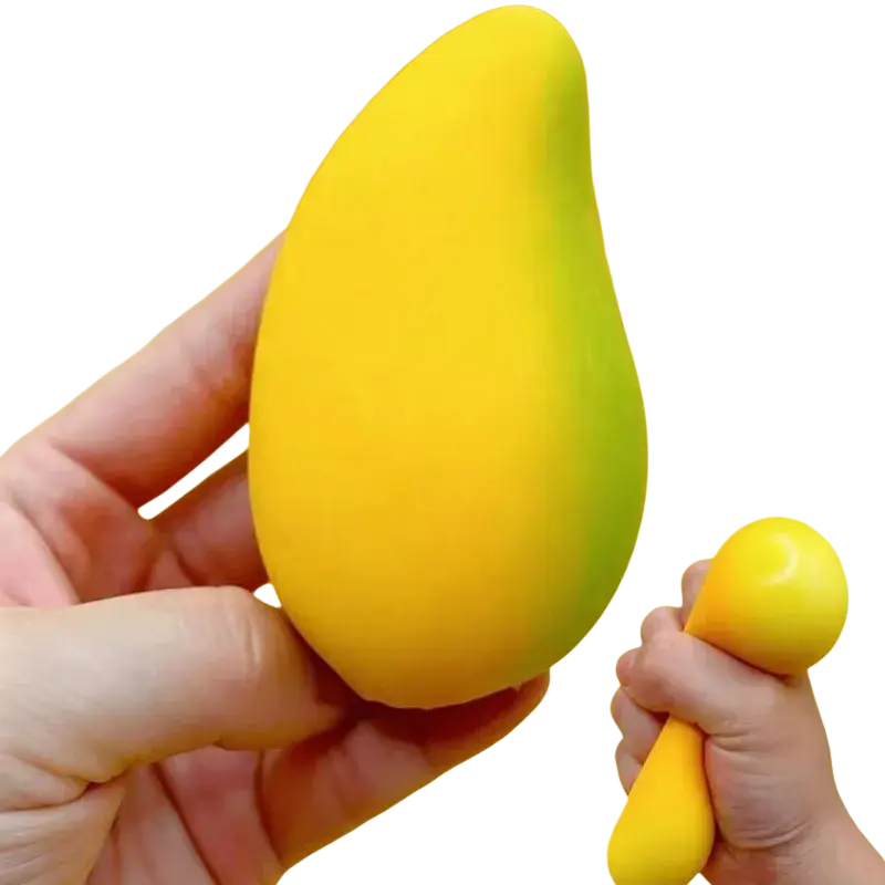 A vibrant yellow and green mango-shaped slow rising squishy toy with smooth silicone surface for stress relief