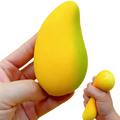 A vibrant yellow and green mango-shaped slow rising squishy toy with smooth silicone surface for stress relief