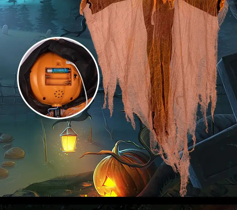 Decoración de Halloween con espantapájaros de calabaza naranja colgante, con ojos LED, que presenta un compartimento para pilas y cortinas de tela en movimiento.