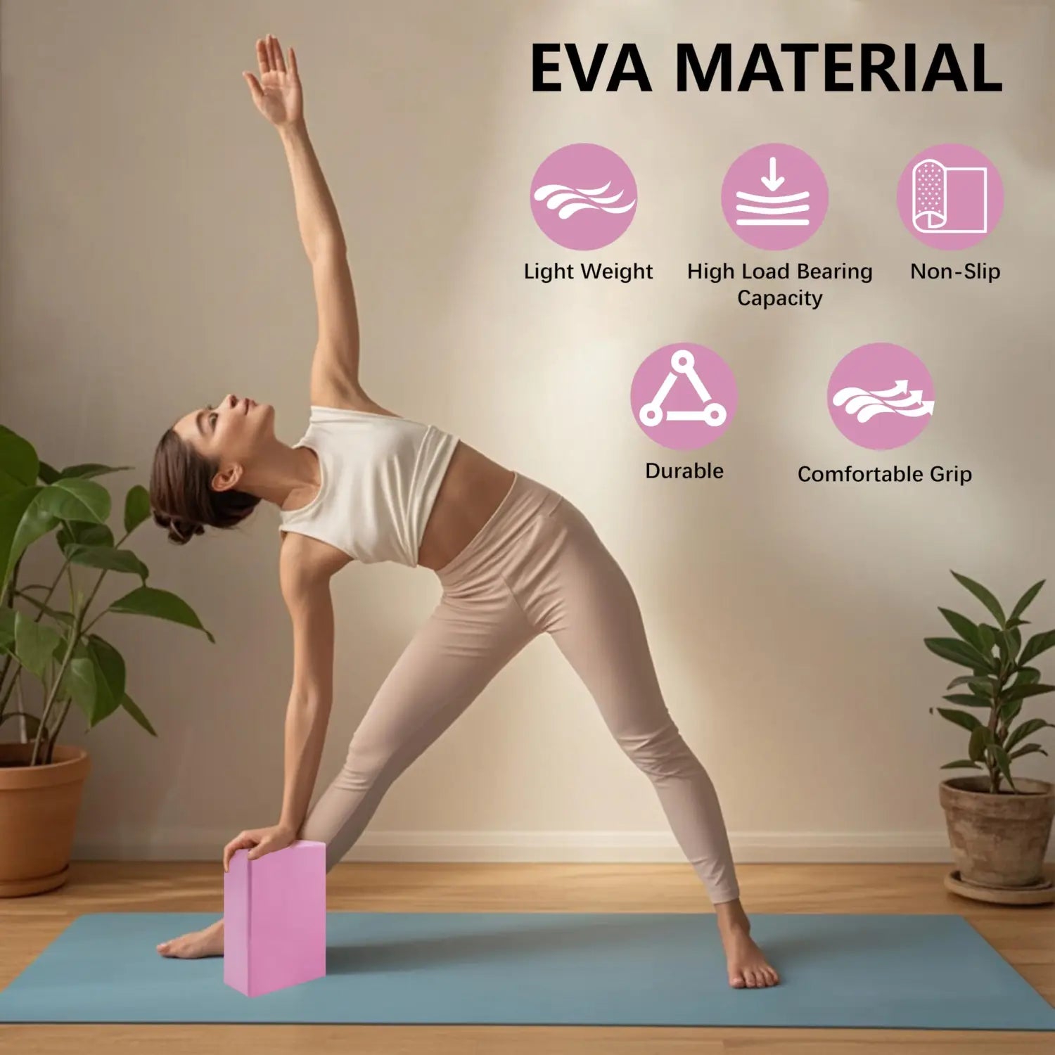 pink rectangular non-slip eva yoga block from the 5-level resistance bands and non-slip eva blocks set designed for enhanced stability during workouts