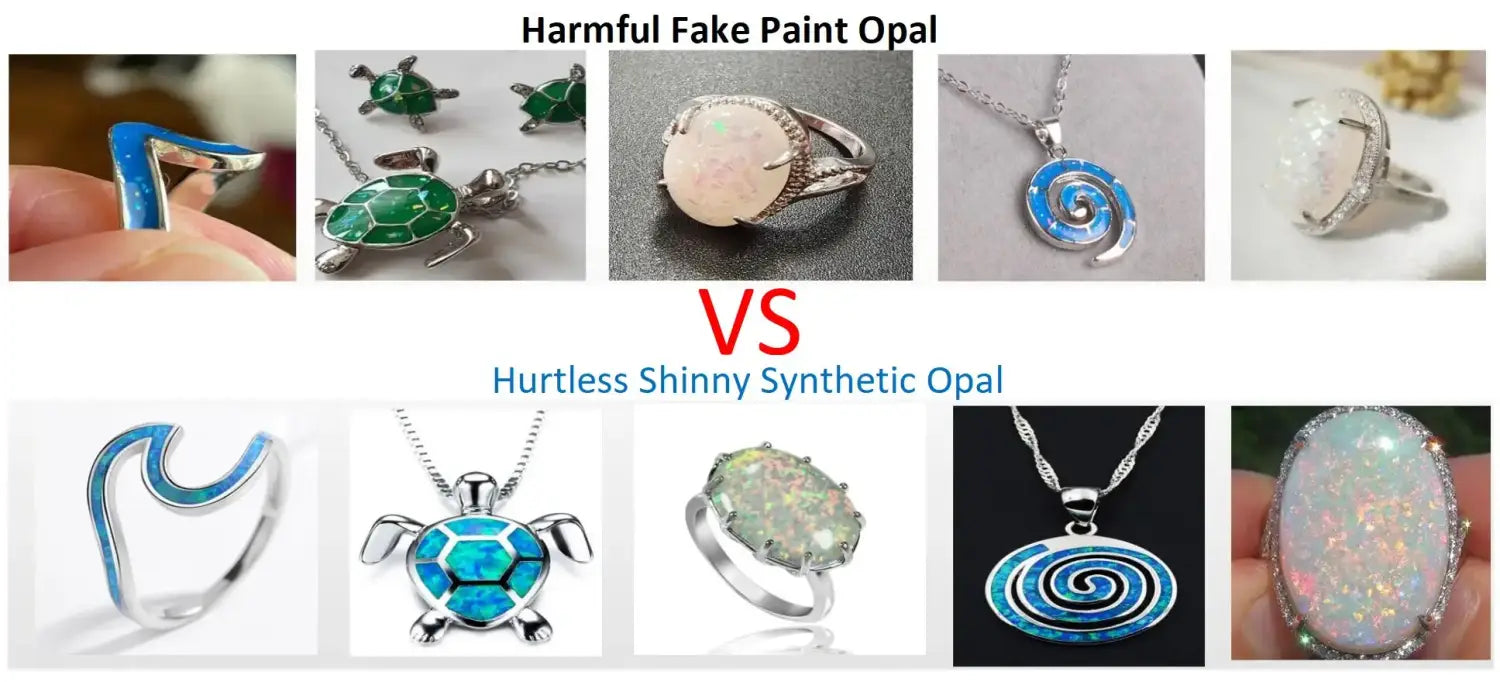 L’image compare des bijoux en fausse opale nuisibles et des bijoux en opale synthétique inoffensifs et brillants, présentant des colliers pendentifs en forme de poisson en opale bleue, ainsi que des pendentifs et des bagues à thème marin à l’aspect argenté, accompagnés de charmes en forme de tortue avec des accents d’émail bleu.