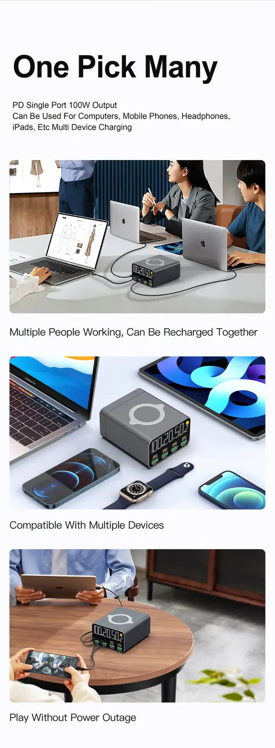 Station de charge compacte rectangulaire noire USB Type-C 120 W, 8 ports, power bank, avec affichage numérique et logo circulaire à l’avant.