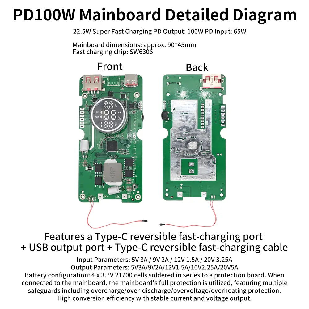 Grüne PD100W-Mainboard mit rundem Chip und verschiedenen elektronischen Bauteilen für den PD-100-W-Schnelllade-Powerbank-DIY-Bausatz