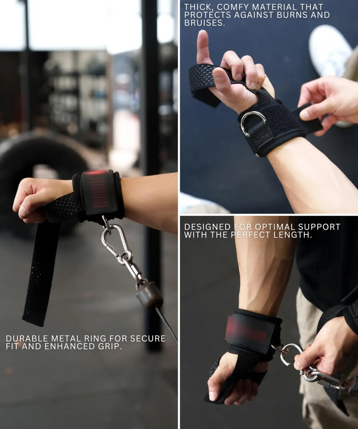 Correa de muñeca de color negro con acento rojo y anillo metálico para levantamiento de pesas, correspondiente al conjunto de correa de soporte de fitness 3 en 1 y pulsera.