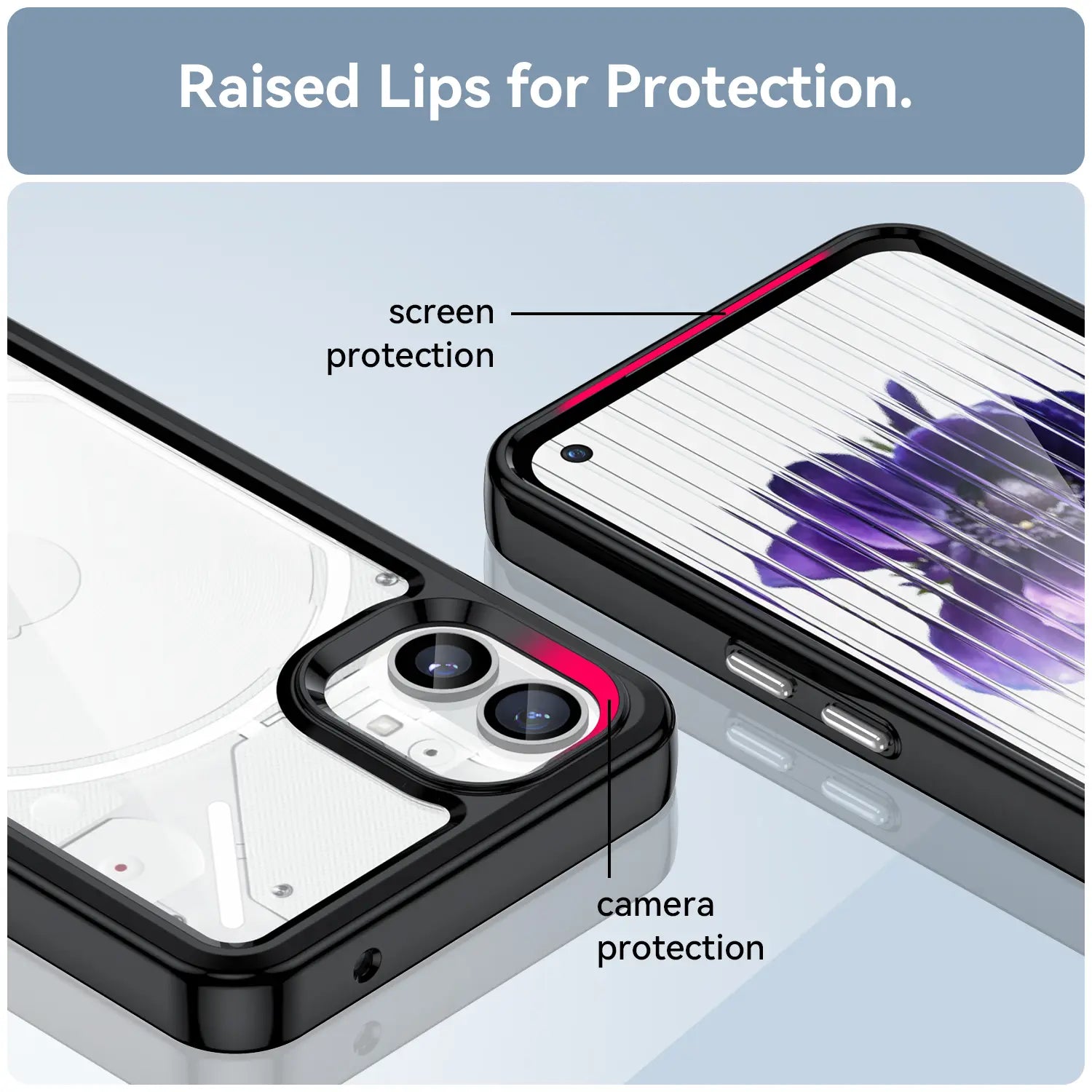 coque de protection noire pour téléphone avec rebords surélevés et protection de l’appareil photo pour les modèles iPhone, présentée depuis l’arrière dans un étui transparent rose pour Nothing Phone 1.