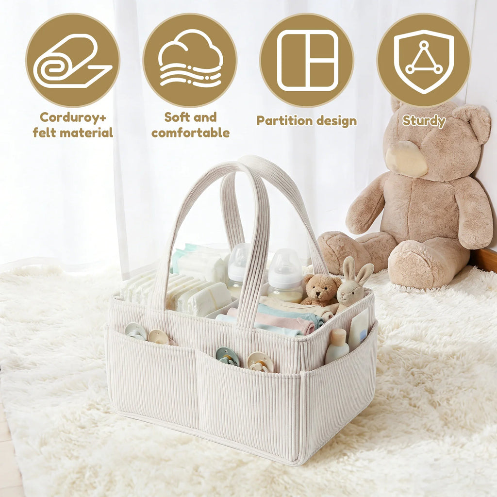 Baby Diaper Caddy Organizer Corduroy Diaper Storage Basket with Handle Foldable Multi-pocket Newborn Nappy Storage Organizer