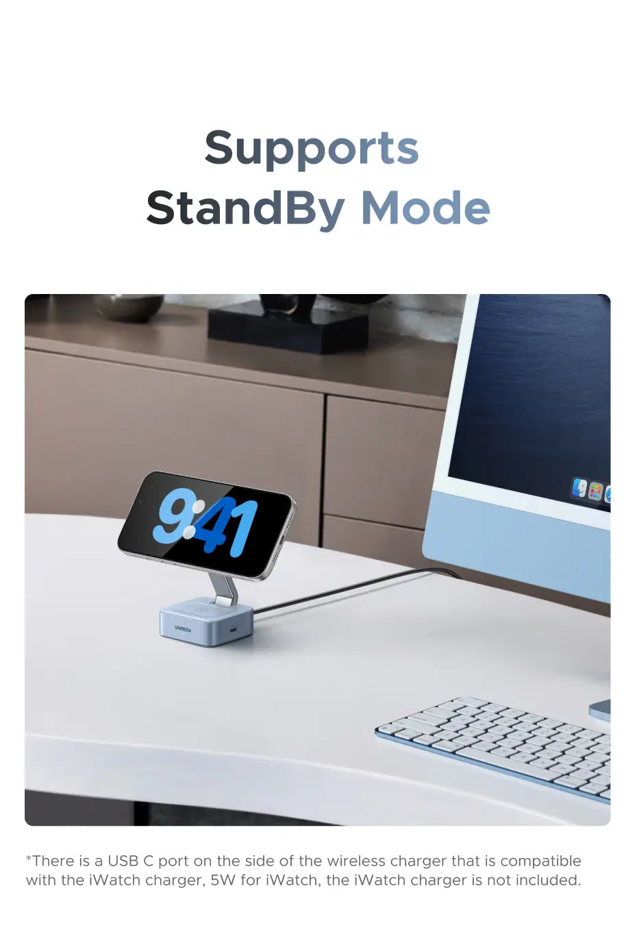 Hellgrauer magnetischer kabelloser Ladegeräte-Ständer für iPhone mit schlankem minimalistischen Design und verstellbarem Ständer für die vertikale Platzierung.