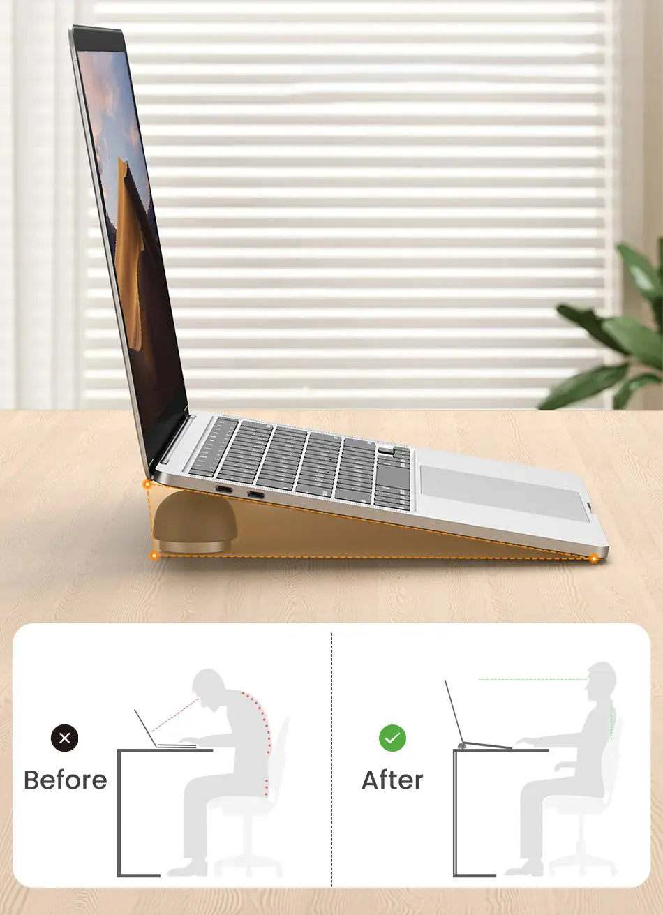 Gold-colored Rocoren magnetic laptop stand with sleek minimalist design and adjustable height for ergonomic support and cooling.