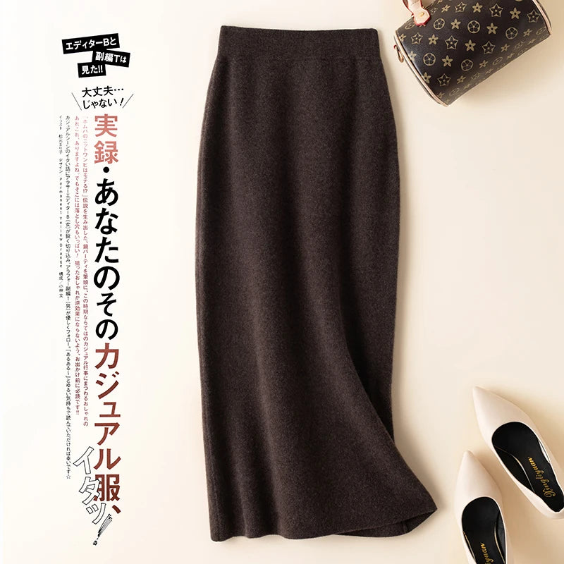 100% Pure Wool Skirt New Women's Autumn and Winter Mid-Length High-Waisted Thin Cashmere Skirt Knitted All-Match Hip Skirt